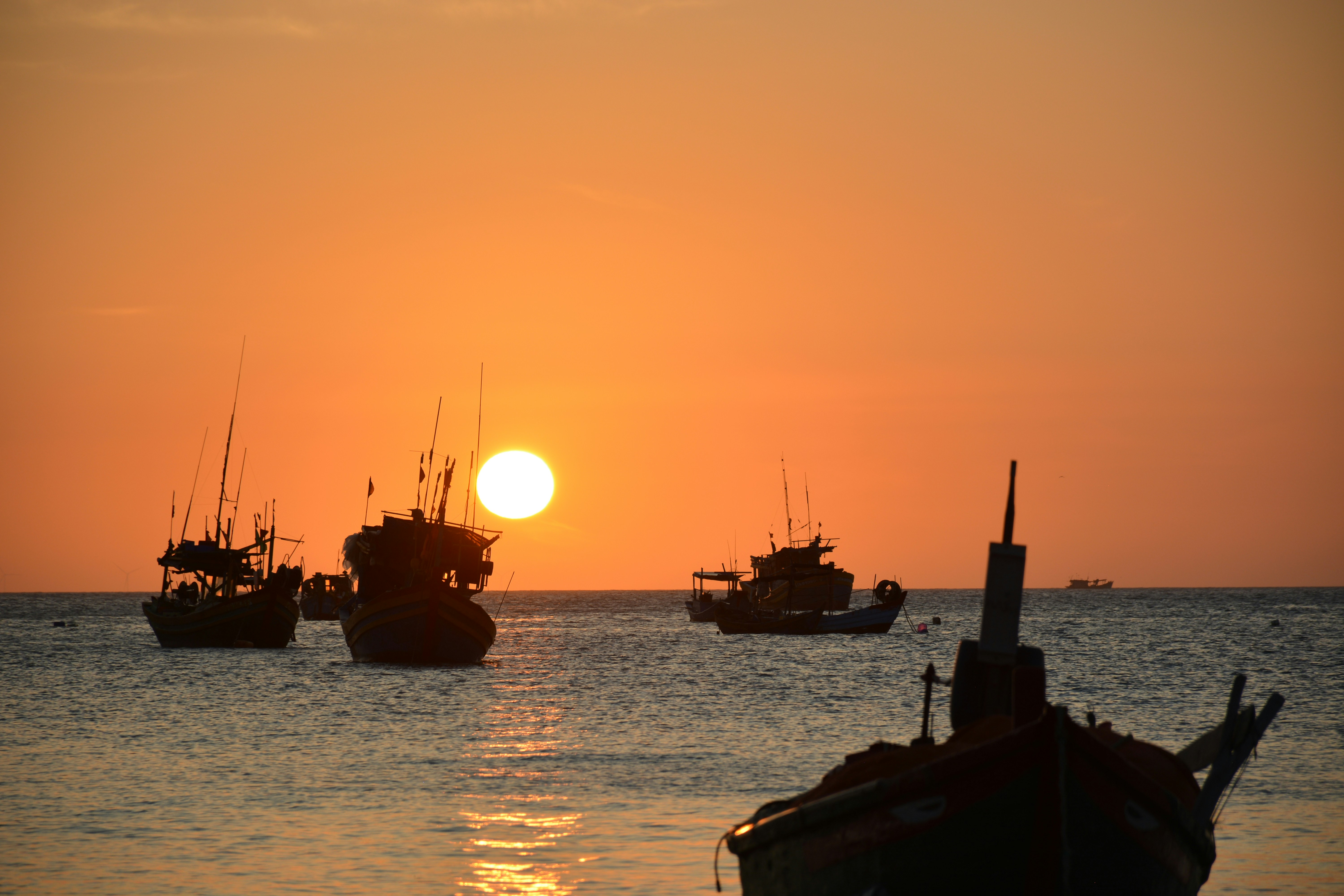 a group of boats floating on top of a body of water