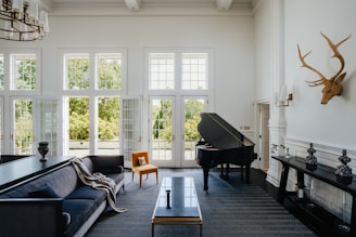 a living room filled with furniture and a grand piano
