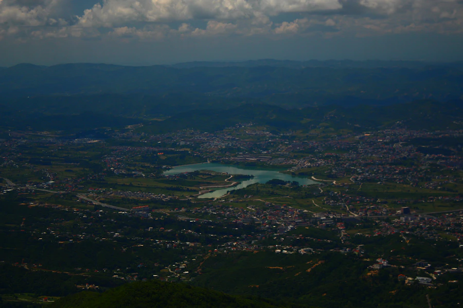 Aerial photo of Tirana city center and the artificial lake