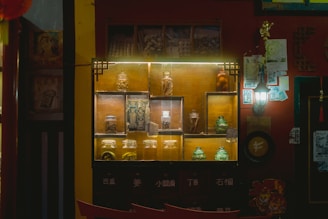 a display case filled with lots of different items