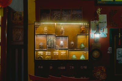 a display case filled with lots of different items