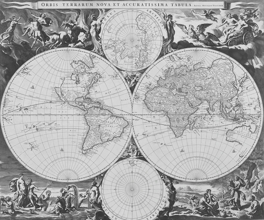 An antique world map with continents and celestial figures