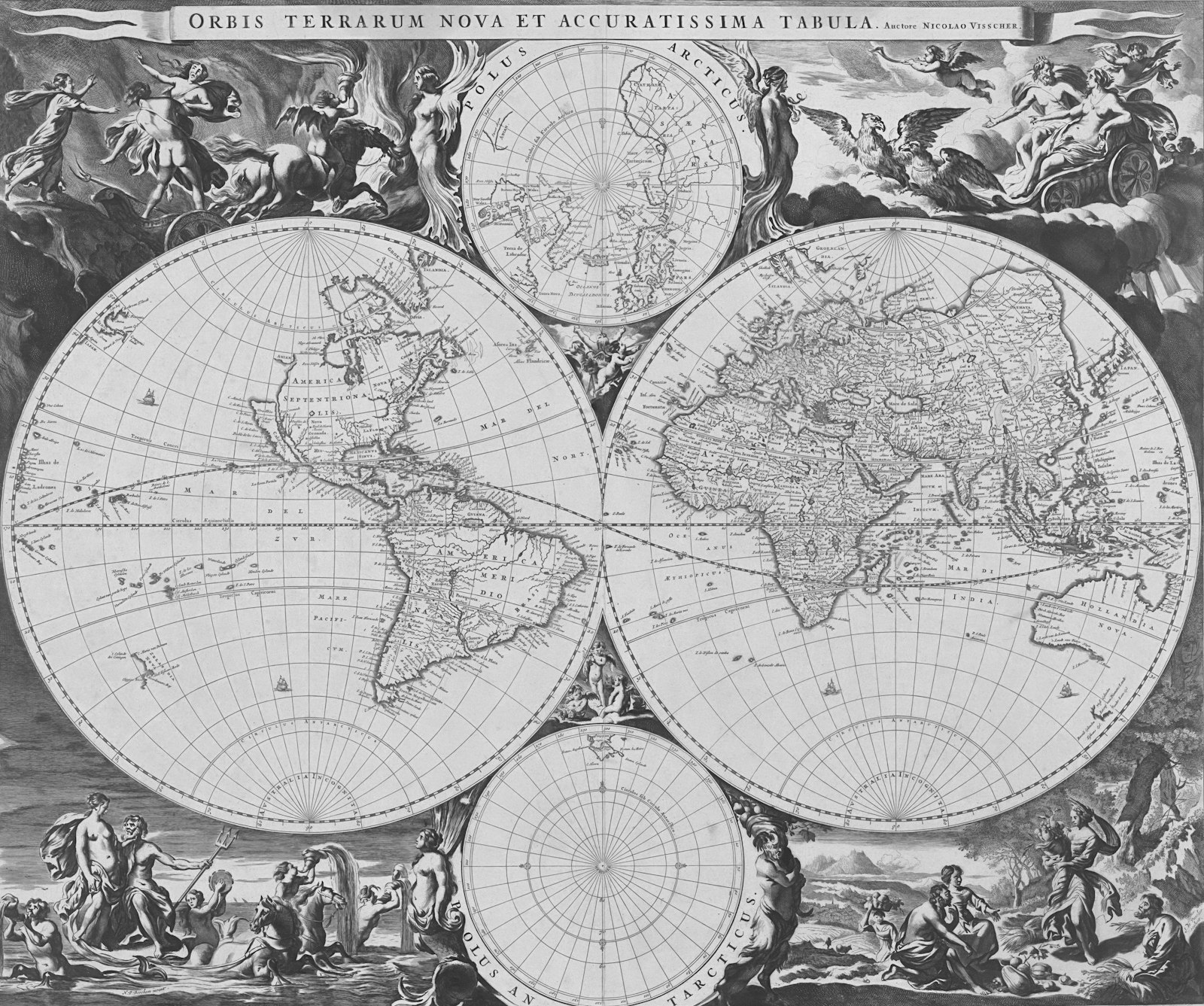 Carte antique du monde avec continents détaillés et figures célestes