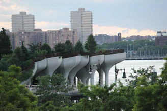 a view of a bridge over a body of water with tall buildings in the background