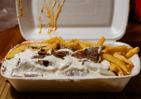 A takeout container with french fries and dip