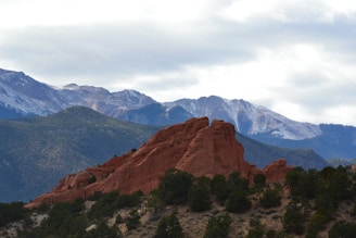 the mountains are covered in snow and trees