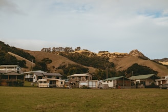 a group of houses sitting on top of a lush green field