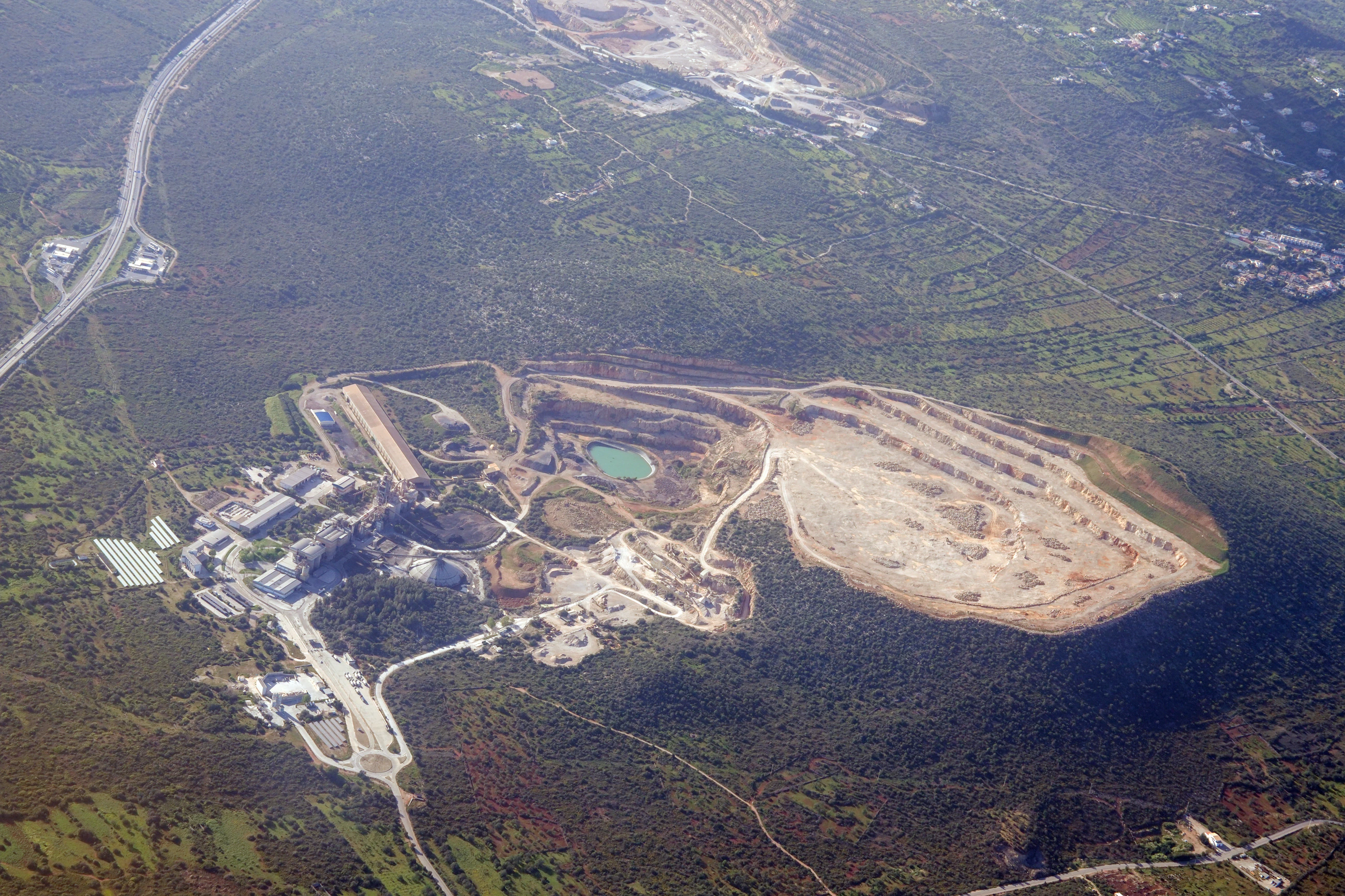 Aerial view of a mine site and processing plant