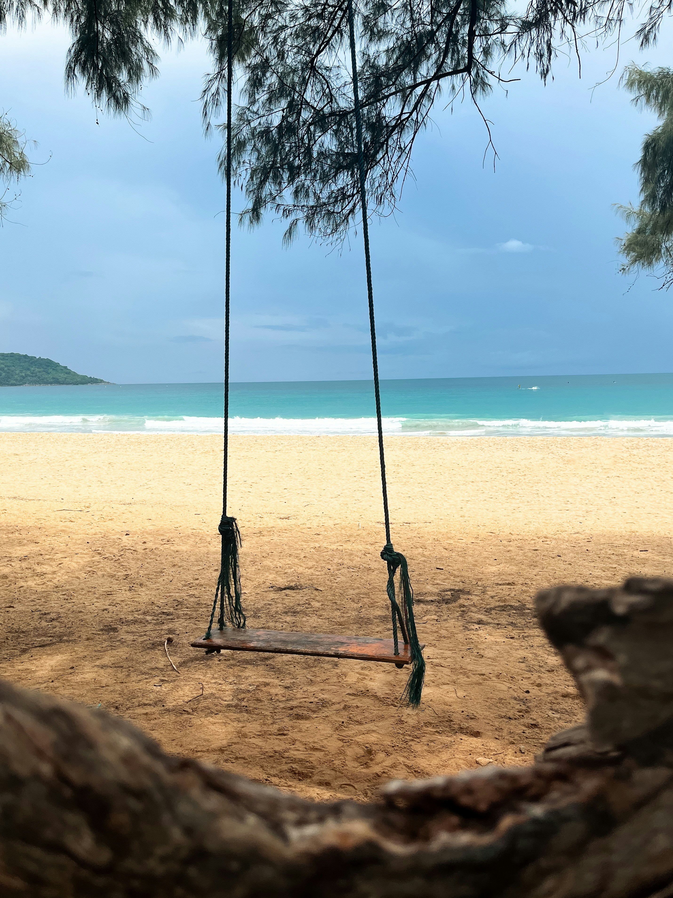 a swing on the beach with a view of the ocean