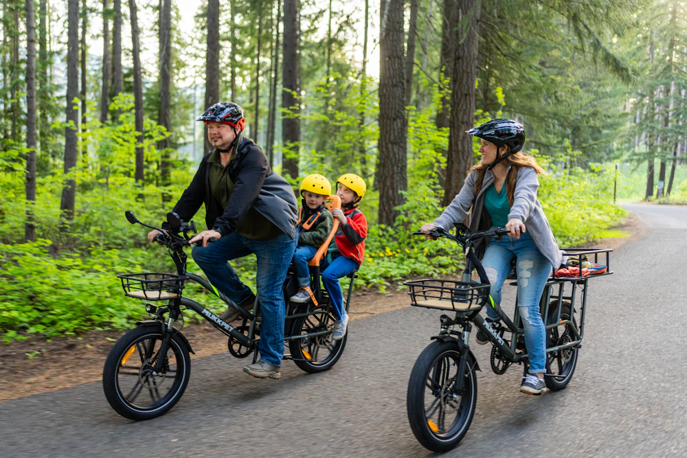 A family riding bikes together outdoors