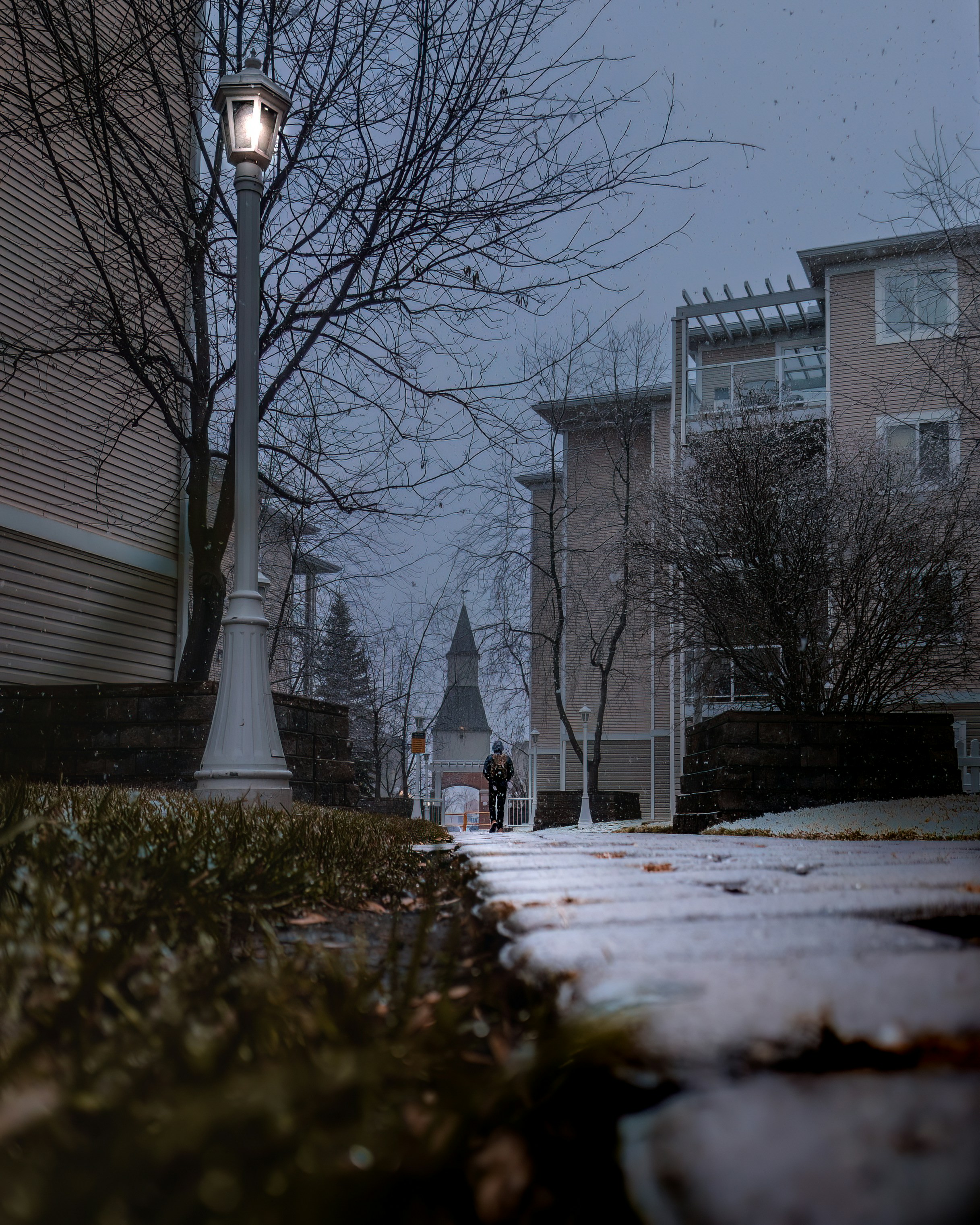 A street light on a snowy day in a residential area photo – Free Grey ...