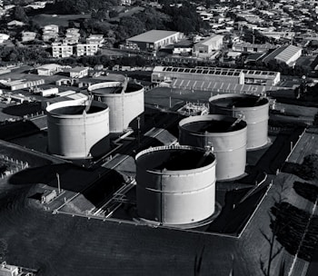 a black and white photo of a large tank