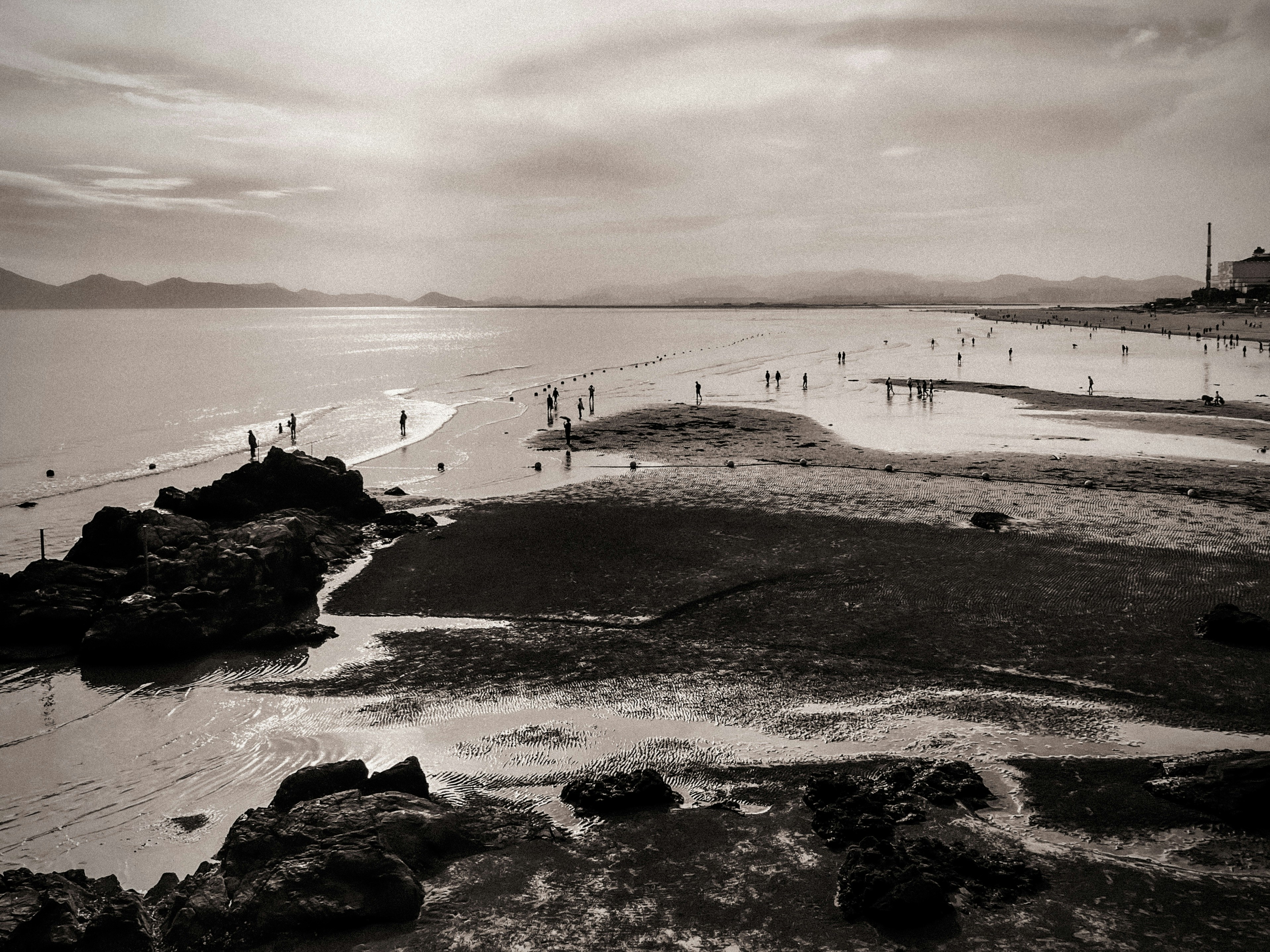 a group of people standing on top of a sandy beach