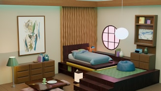 a bedroom with a bed, dresser, and table