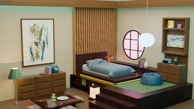 a bedroom with a bed, dresser, and table
