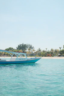 a blue boat floating on top of a body of water