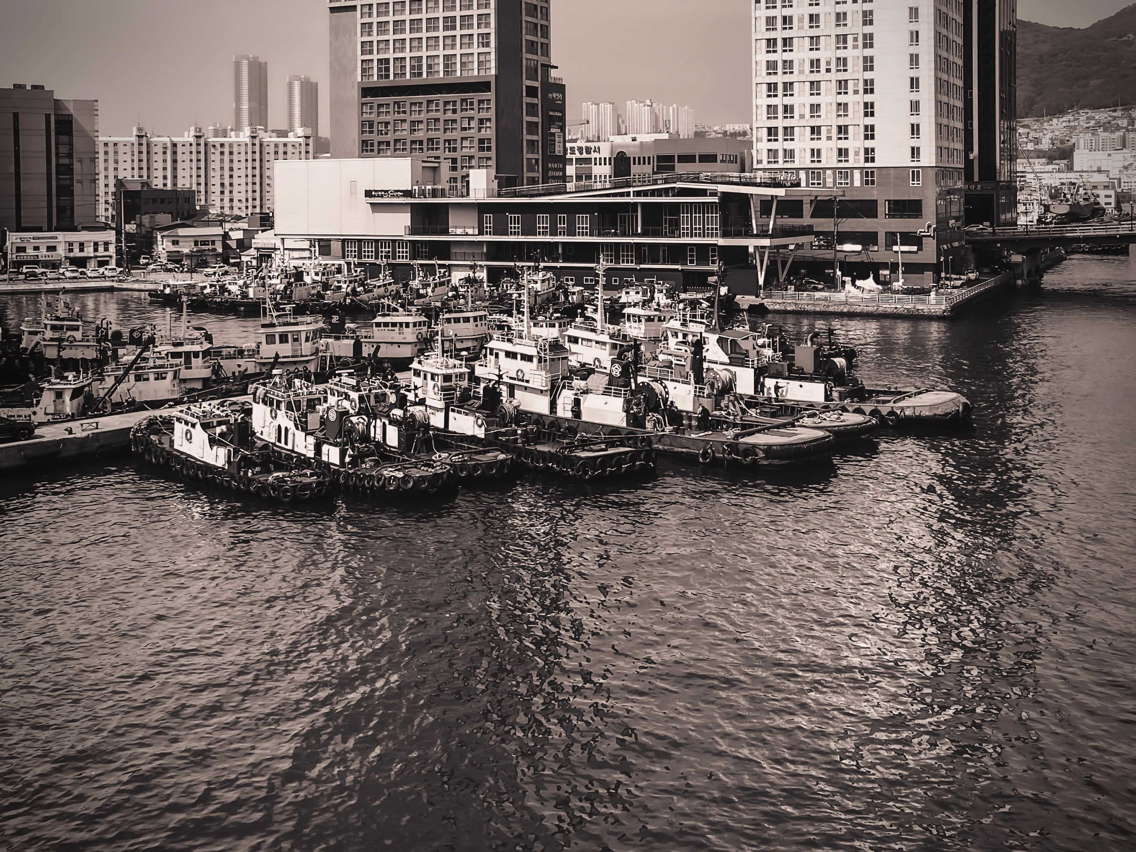 A cluster of fishing boats moored together in a Busan harbor, apartment towers behind, shot in muted sepia tones.