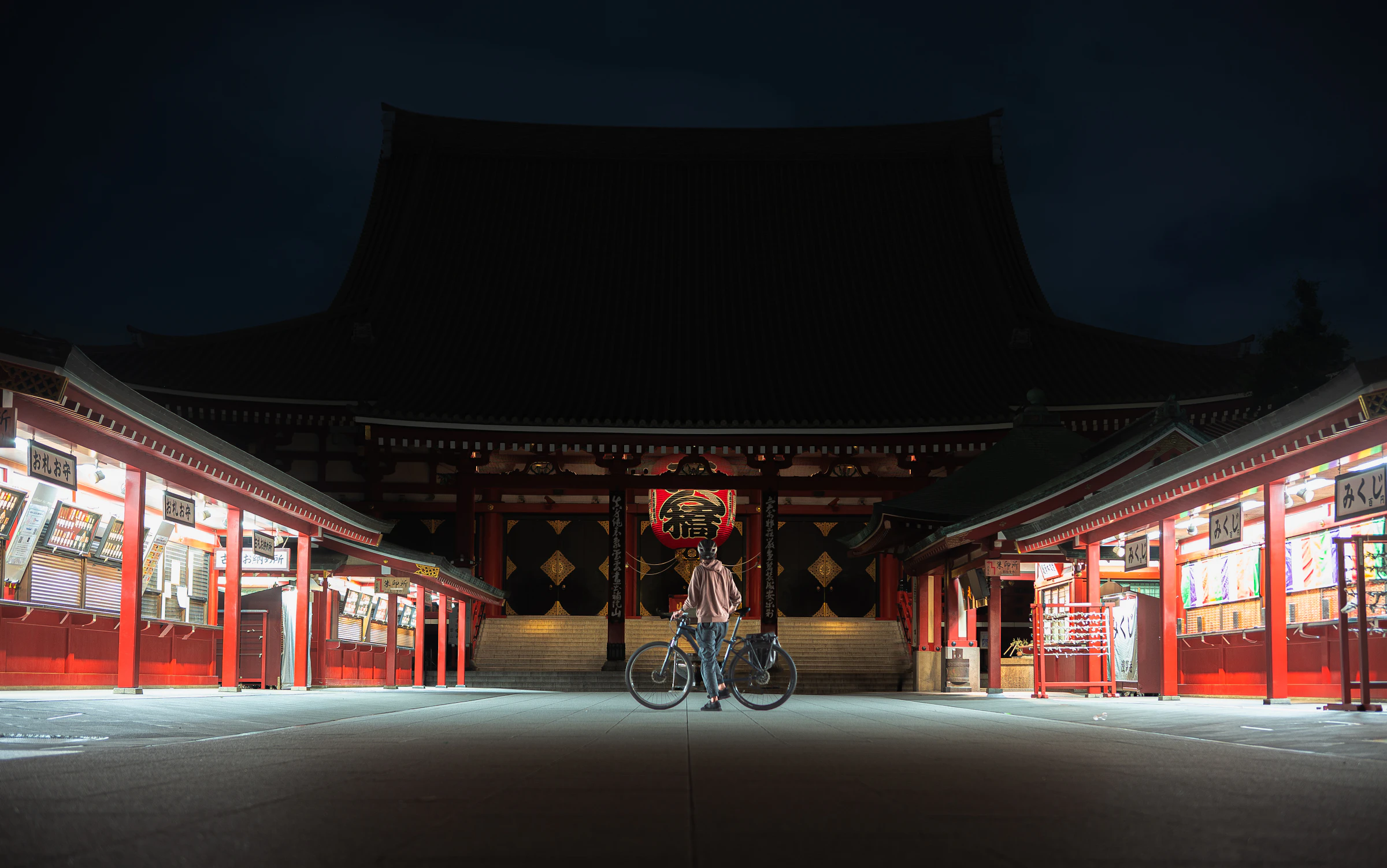 A cyclist passing a building in Asakusa, Tokyo