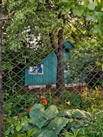 a green house behind a chain link fence