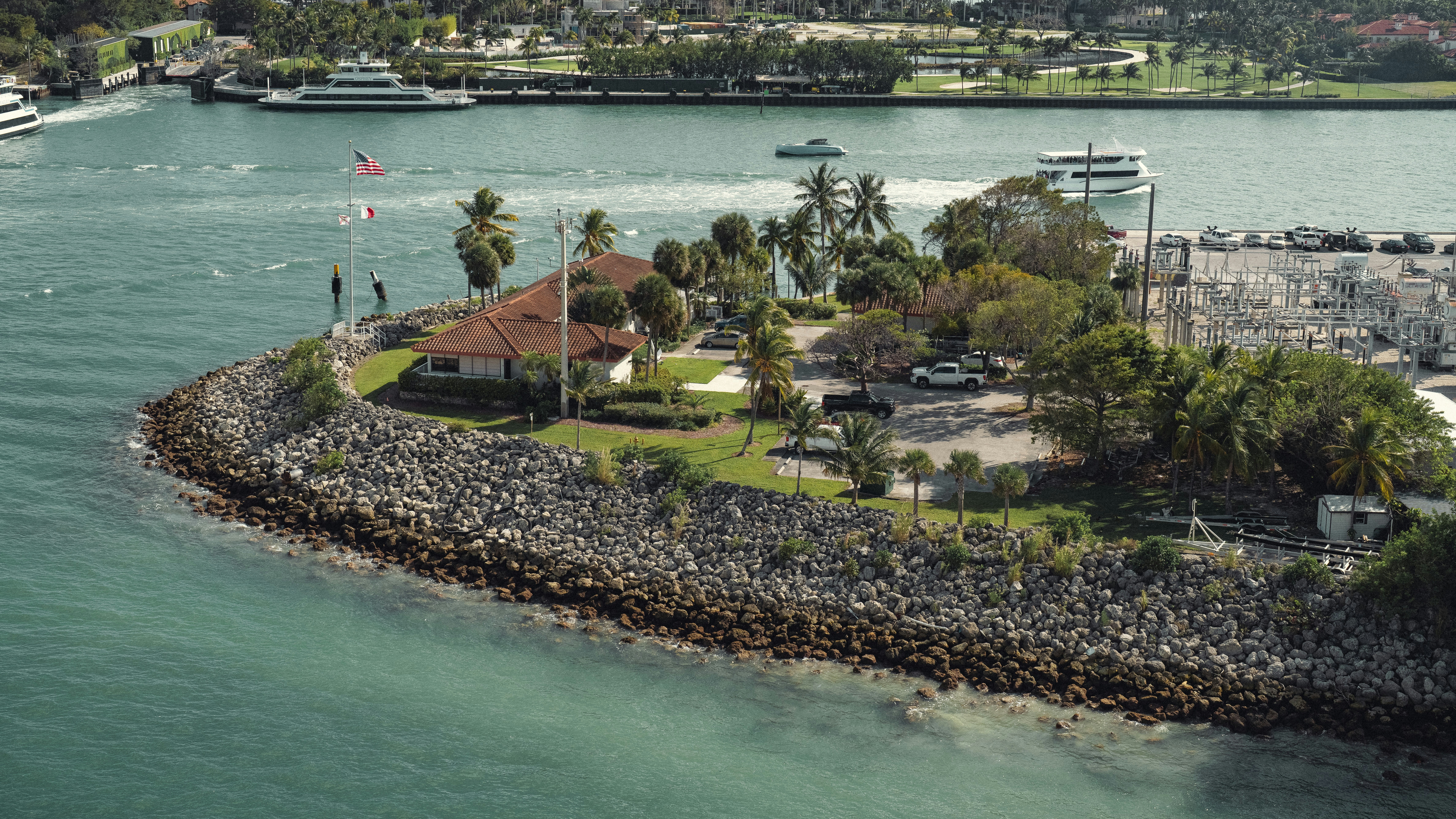 an aerial view of a marina with boats in the water