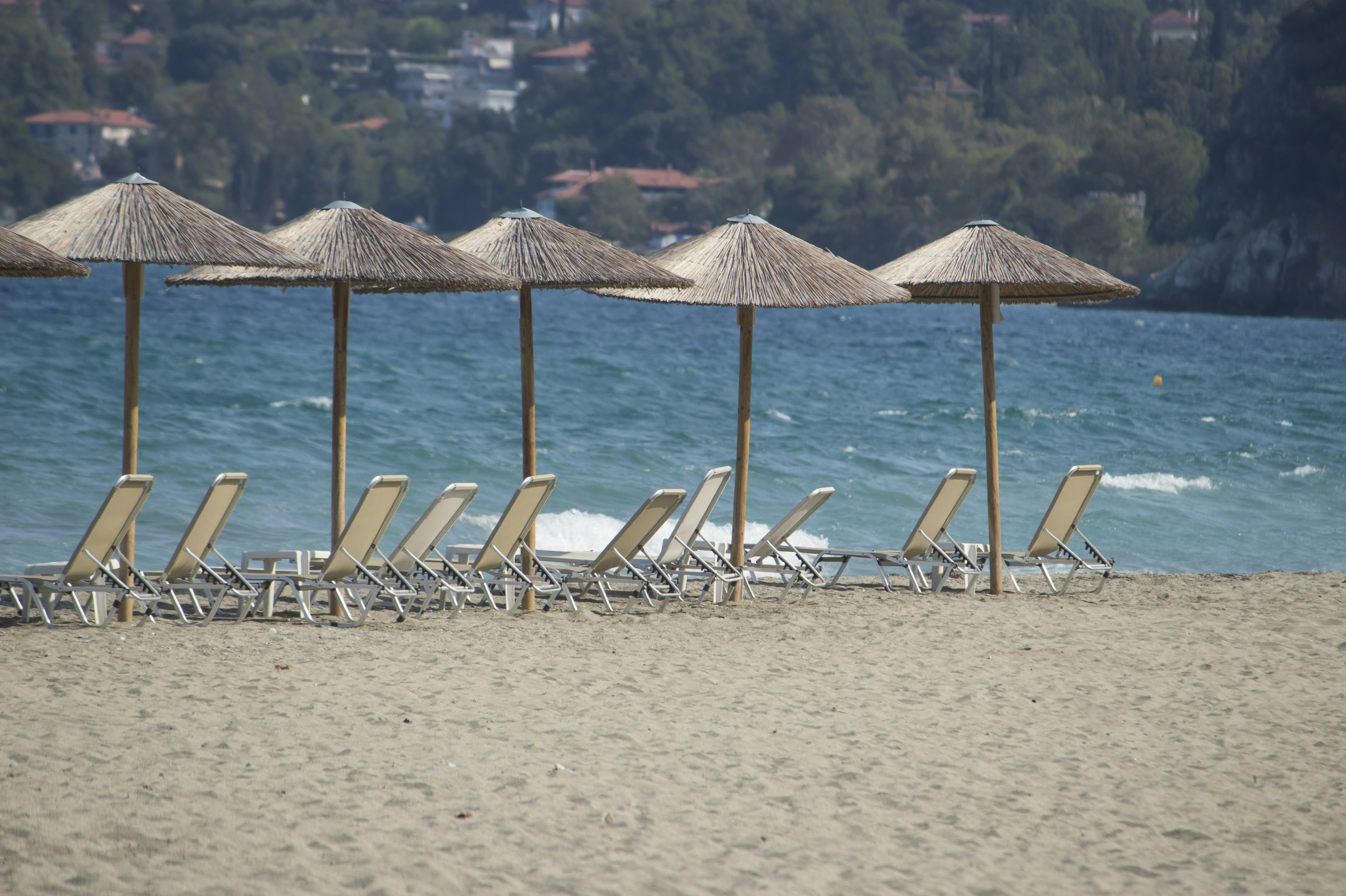 a row of beach chairs and umbrellas on a beach, 