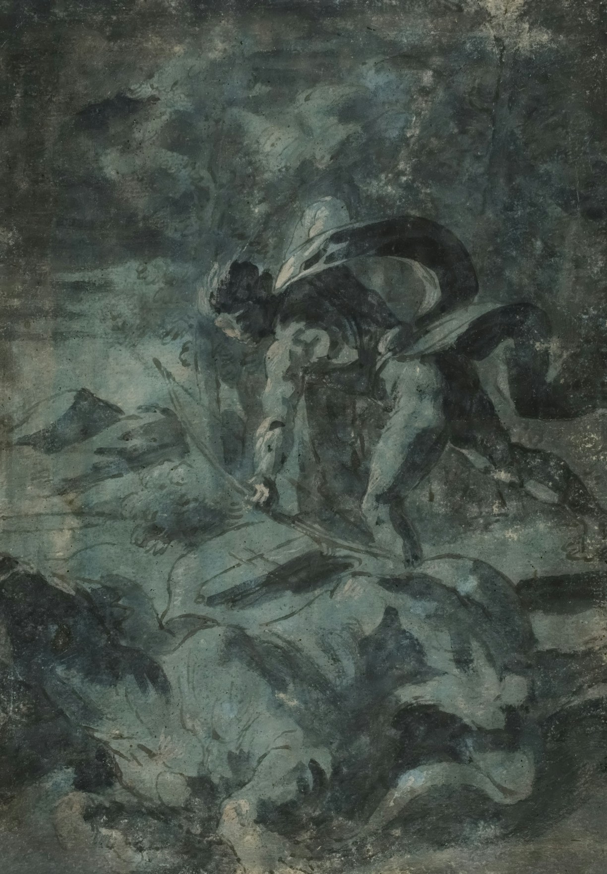 A dark, dramatic painting of mythological figures in combat.