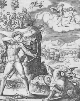 Apollo aiming bow at dragon with cherubs above