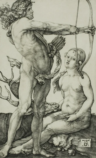 Man with bow and arrow aims at a seated figure.