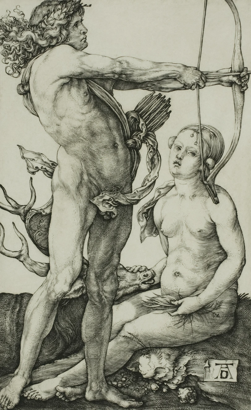 Man with bow and arrow aims at a seated figure.