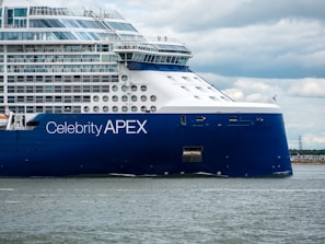 a large blue and white cruise ship in the water
