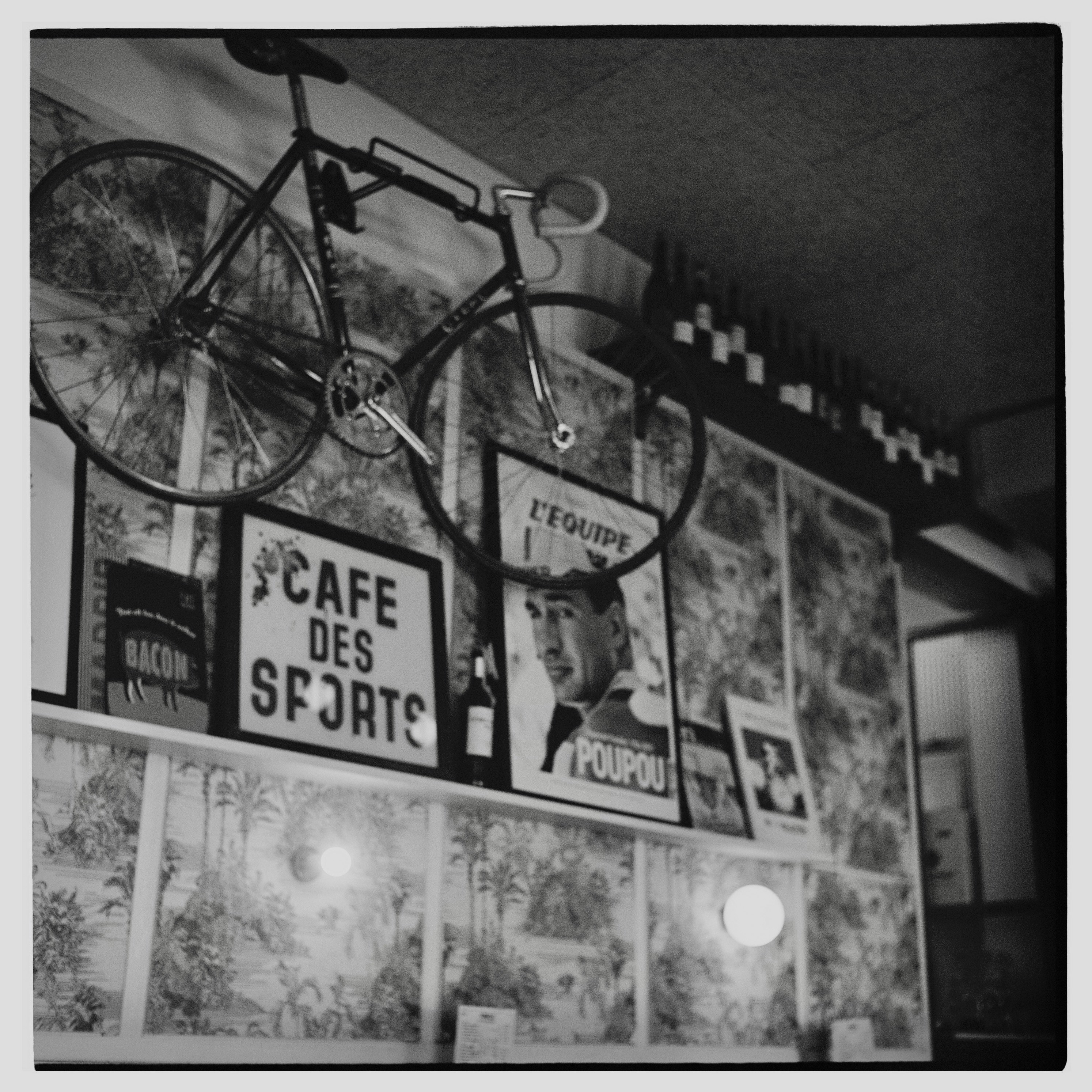 a black and white photo of a bicycle hanging on a wall