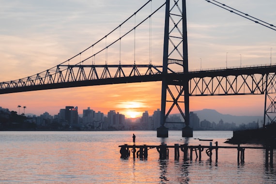 a bridge over a body of water with buildings in the background