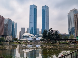a city with tall buildings and a pond in front of it