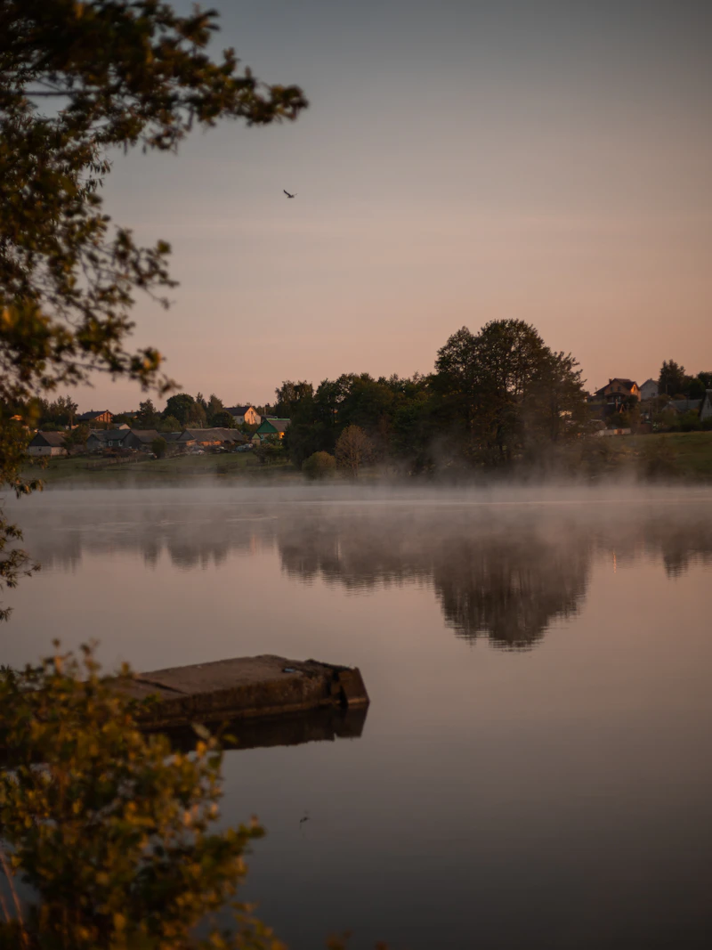 Lac émergeant de la brume au petit matin