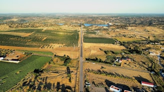 an aerial view of a farm land with a road running through it
