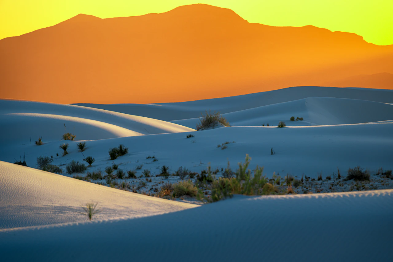 The sun is setting over a desert landscape