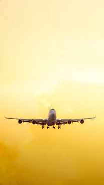a large jetliner flying through a yellow sky