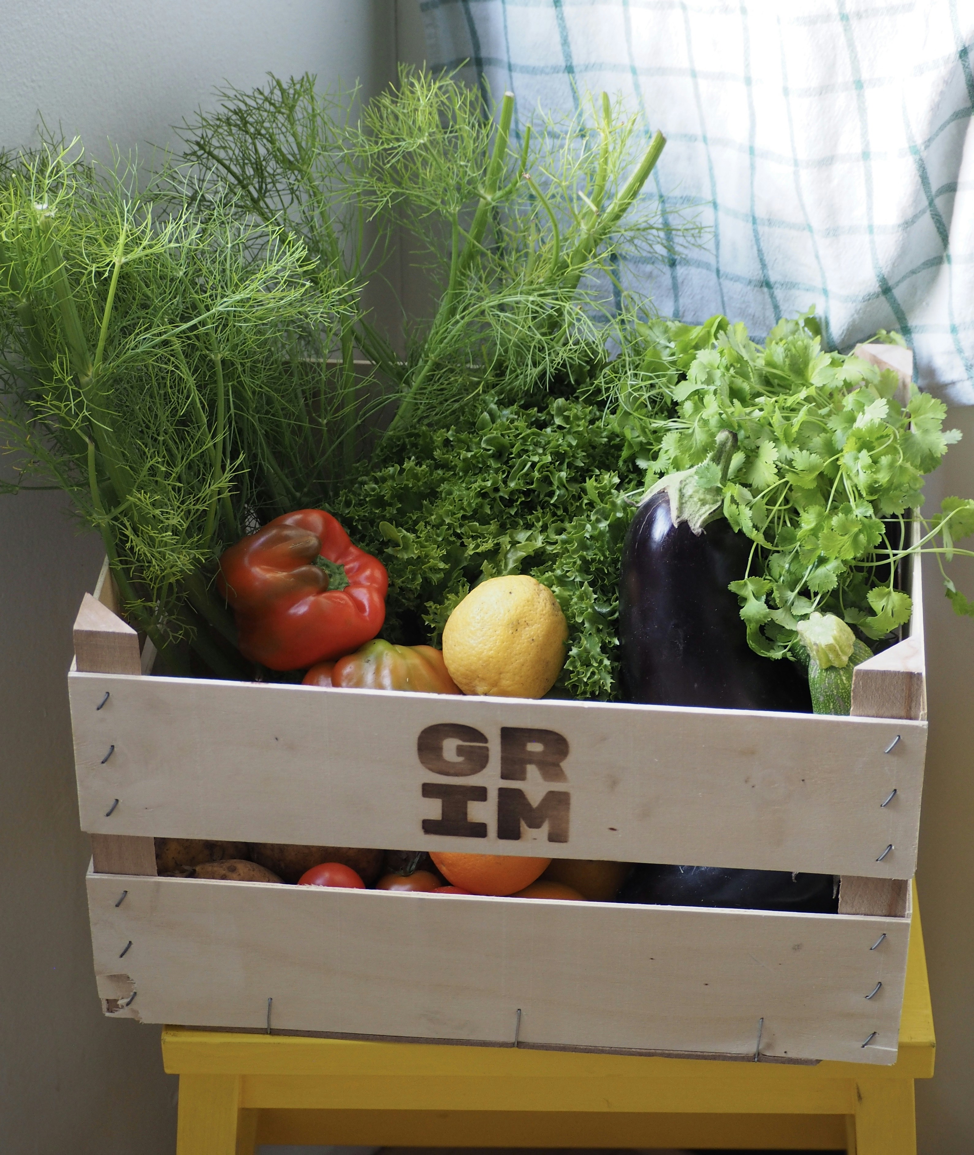 Fresh produce delivery box filled with green vegetables and citrus fruits on bright white doorstep in daytime sunlight
