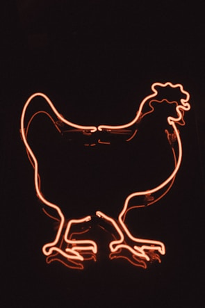 a neon sign of a chicken on a black background