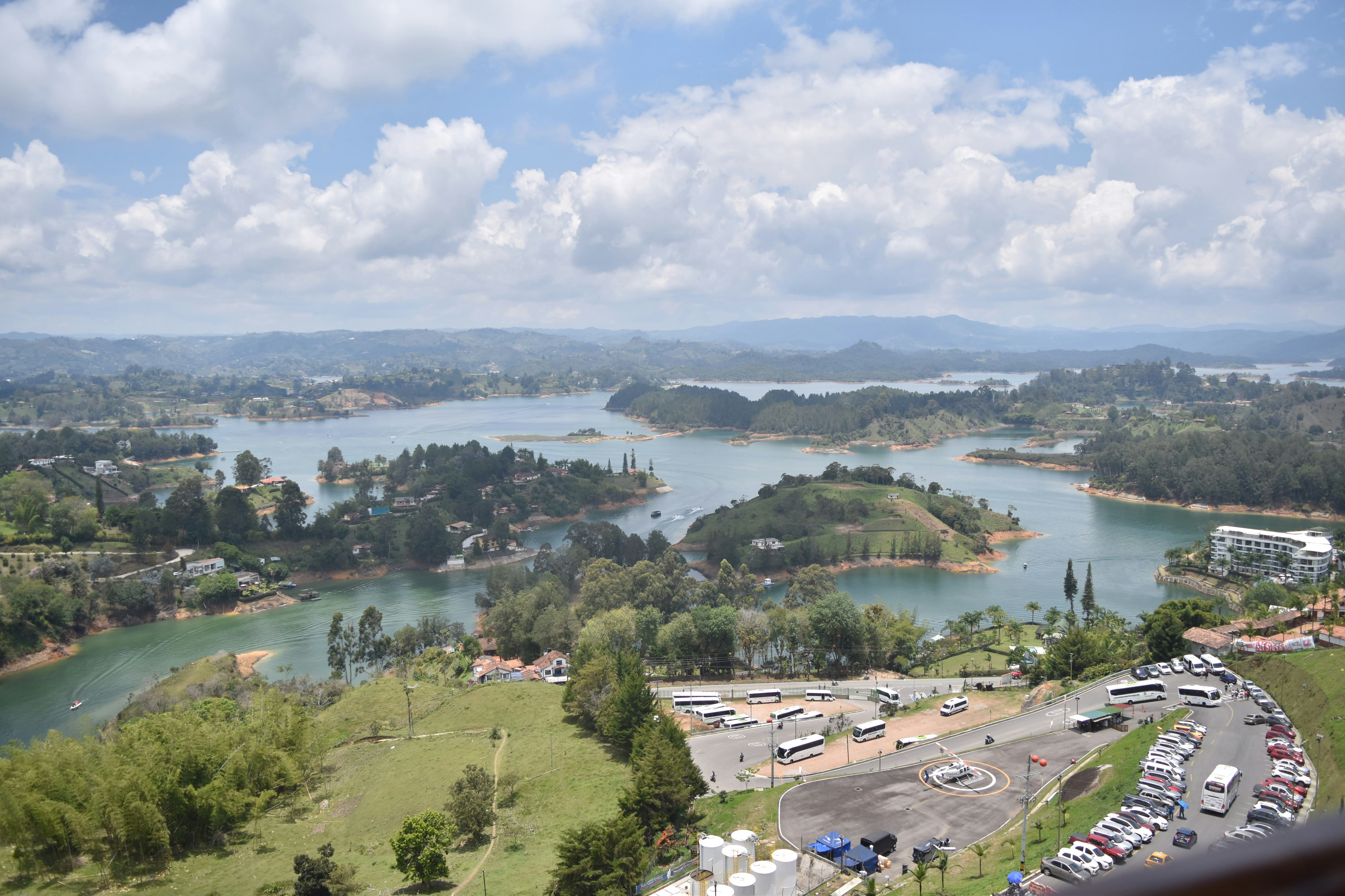a view of a parking lot and a lake