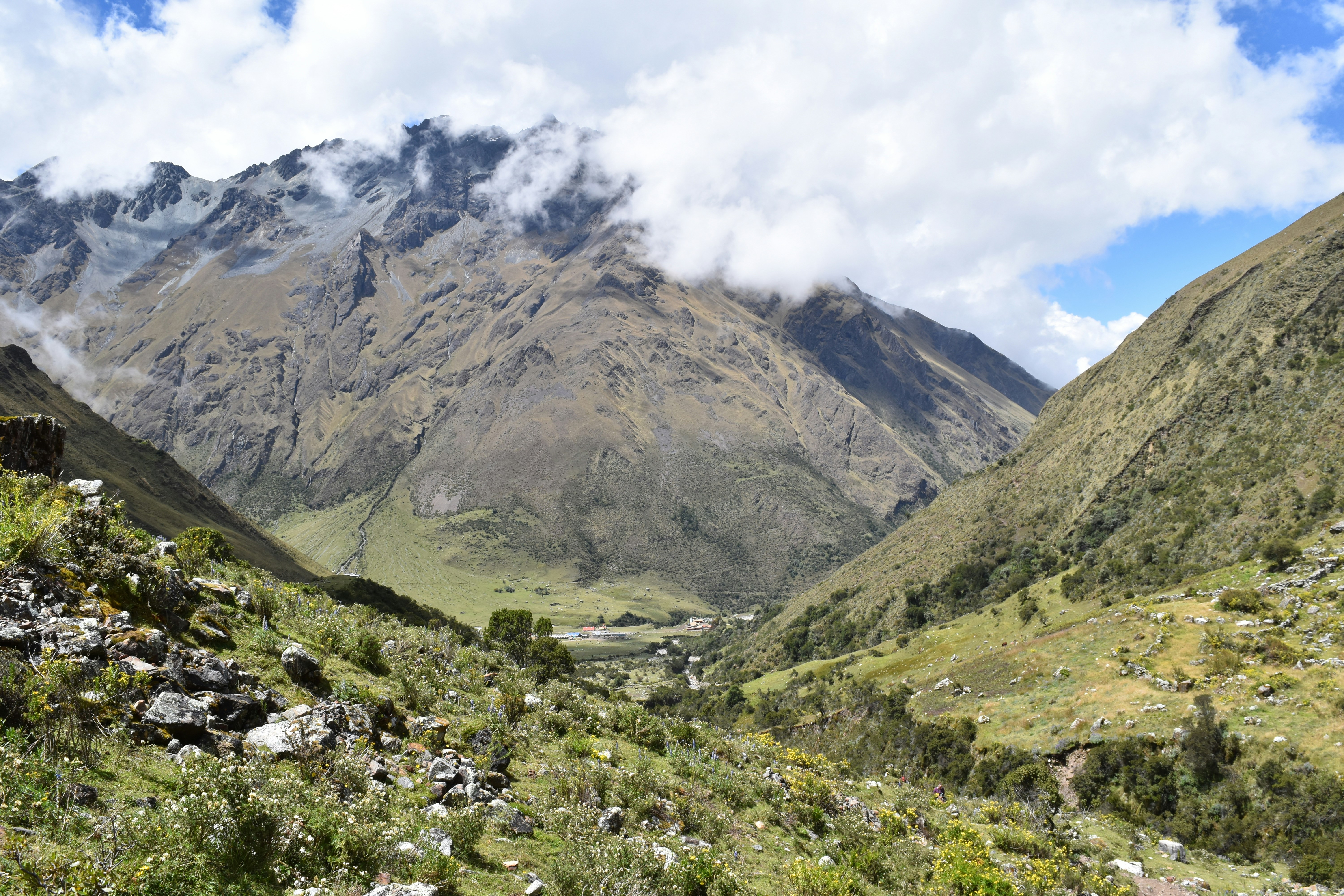 a view of a valley with mountains in the background