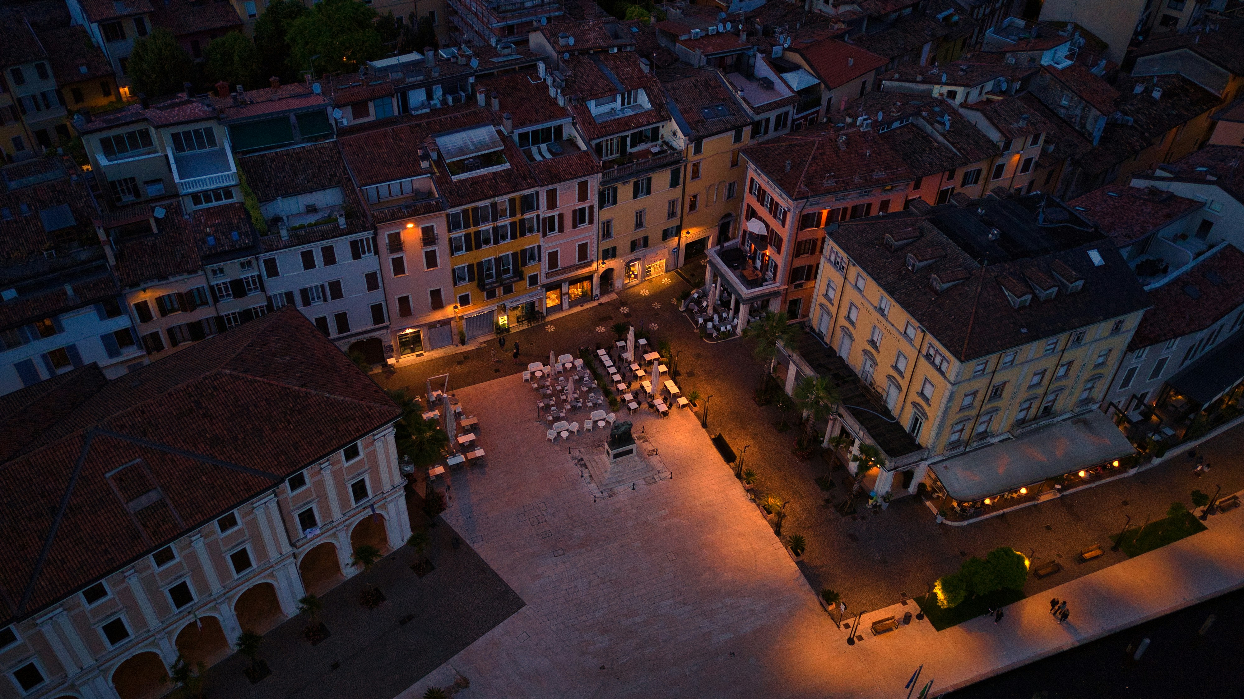 an aerial view of a city at night