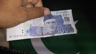 a hand holding a pakistan 100 ru note
