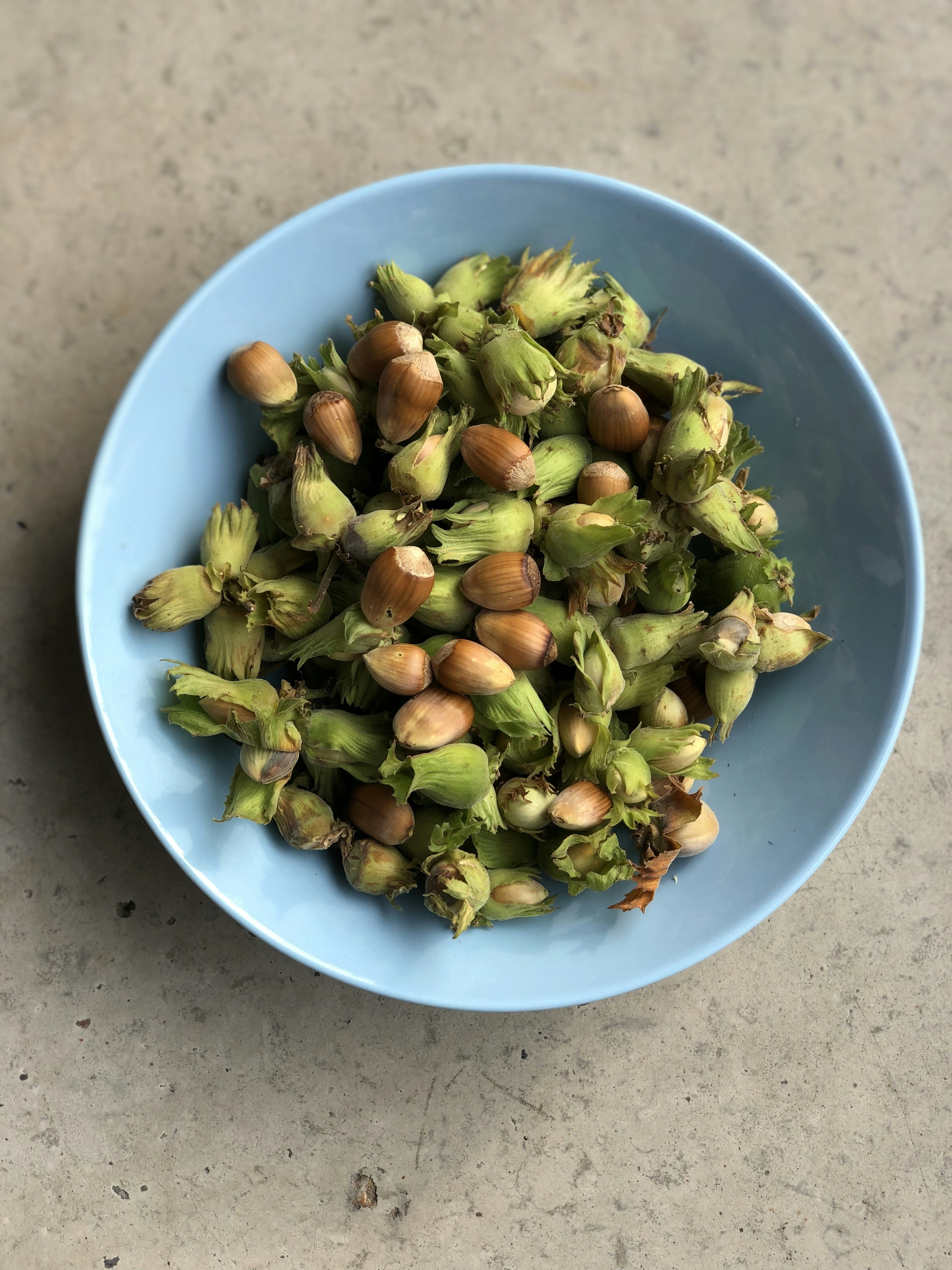 a blue bowl filled with nuts on top of a table