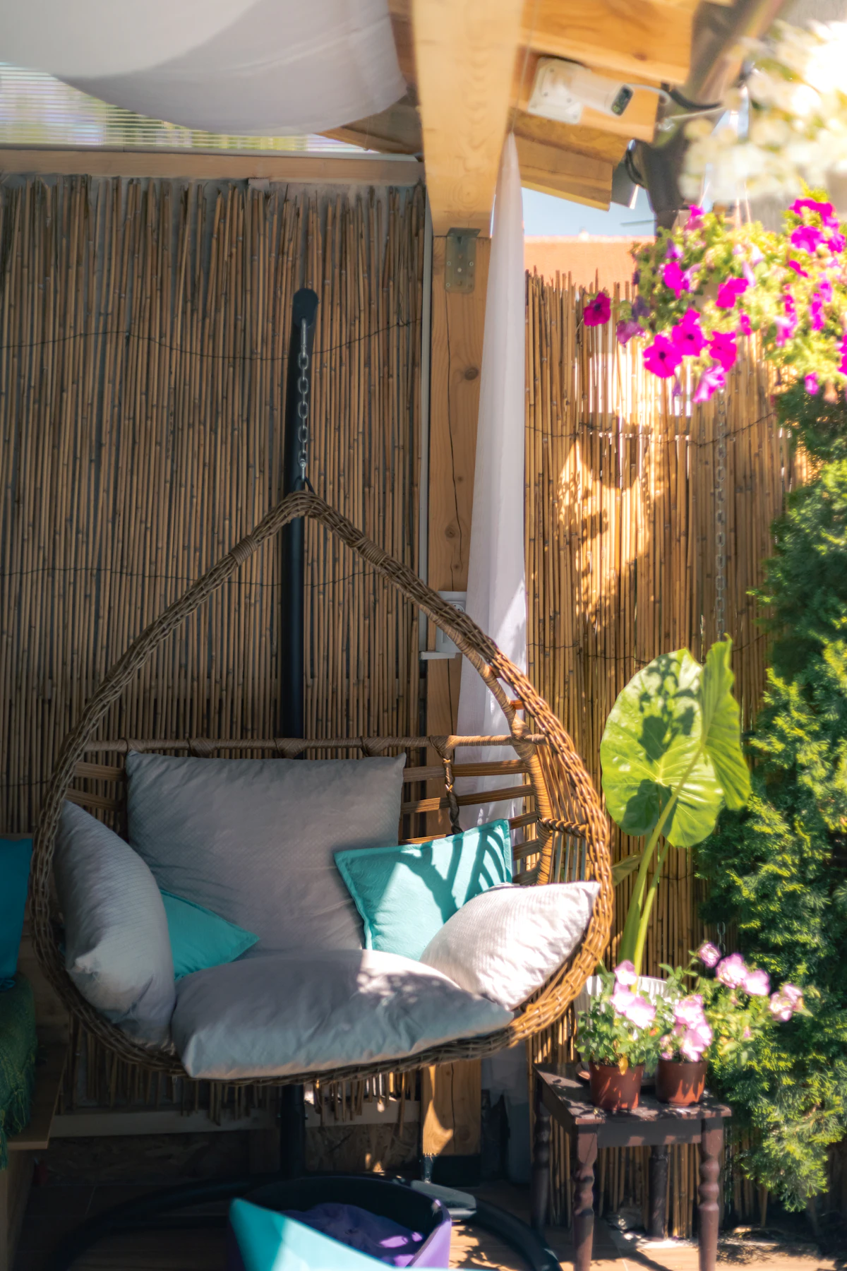 Relaxed patio seating with potted planting