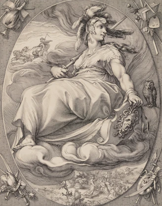 Allegorical figure with shield and owl