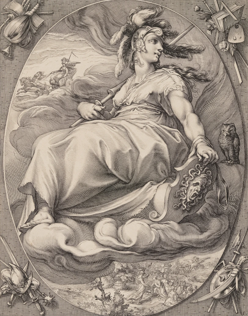 Allegorical figure with shield and owl