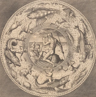 Mythological scene with sea creatures and figures