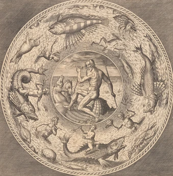 Mythological scene with sea creatures and figures