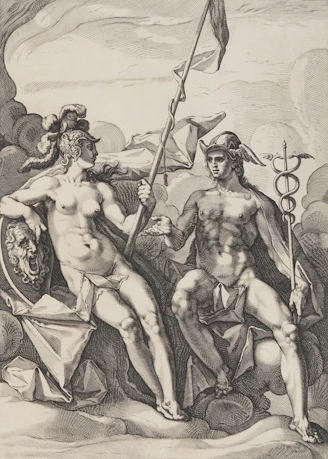 Two mythological figures with helmets and staffs.